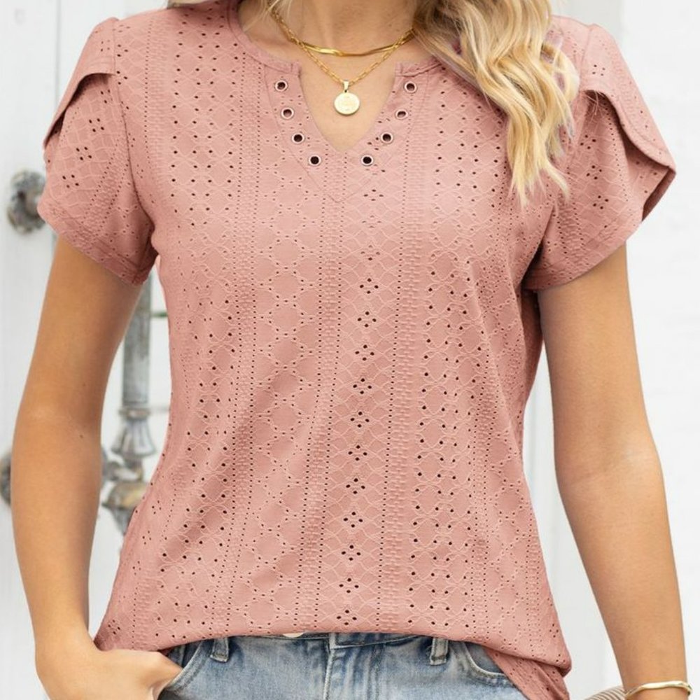 V-neck button hollow loose short-sleeved T-shirt top